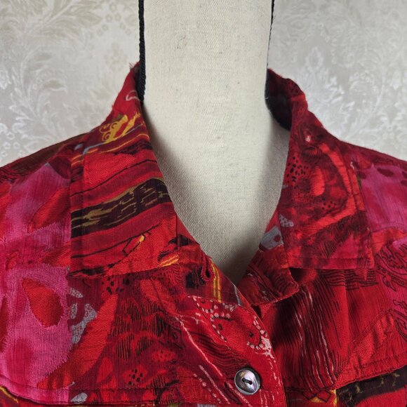 Chico's Size 3 (US XL) Red Multicolor Button Front Jacket 100% Silk Long Sleeve - Picture 4 of 12